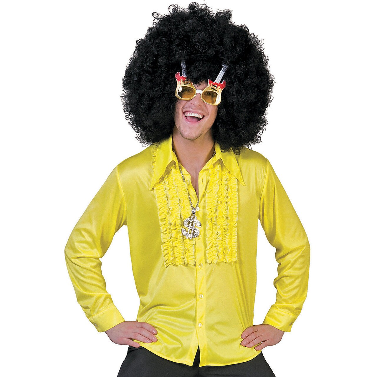 Adult 70s Disco Shirt Costume Yellow Ruffle Front Wide Collar Mens